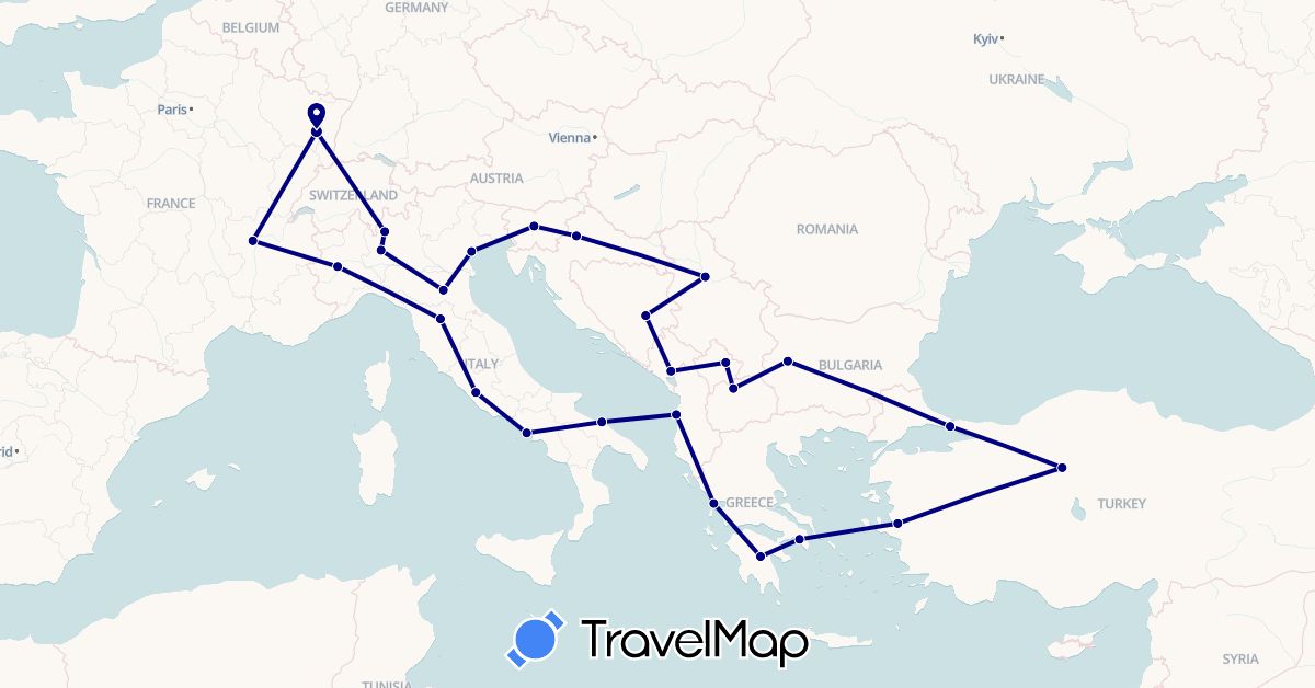 TravelMap itinerary: driving in Albania, Bosnia and Herzegovina, Bulgaria, France, Greece, Croatia, Italy, Montenegro, Macedonia, Serbia, Slovenia, Turkey, Kosovo (Asia, Europe)
